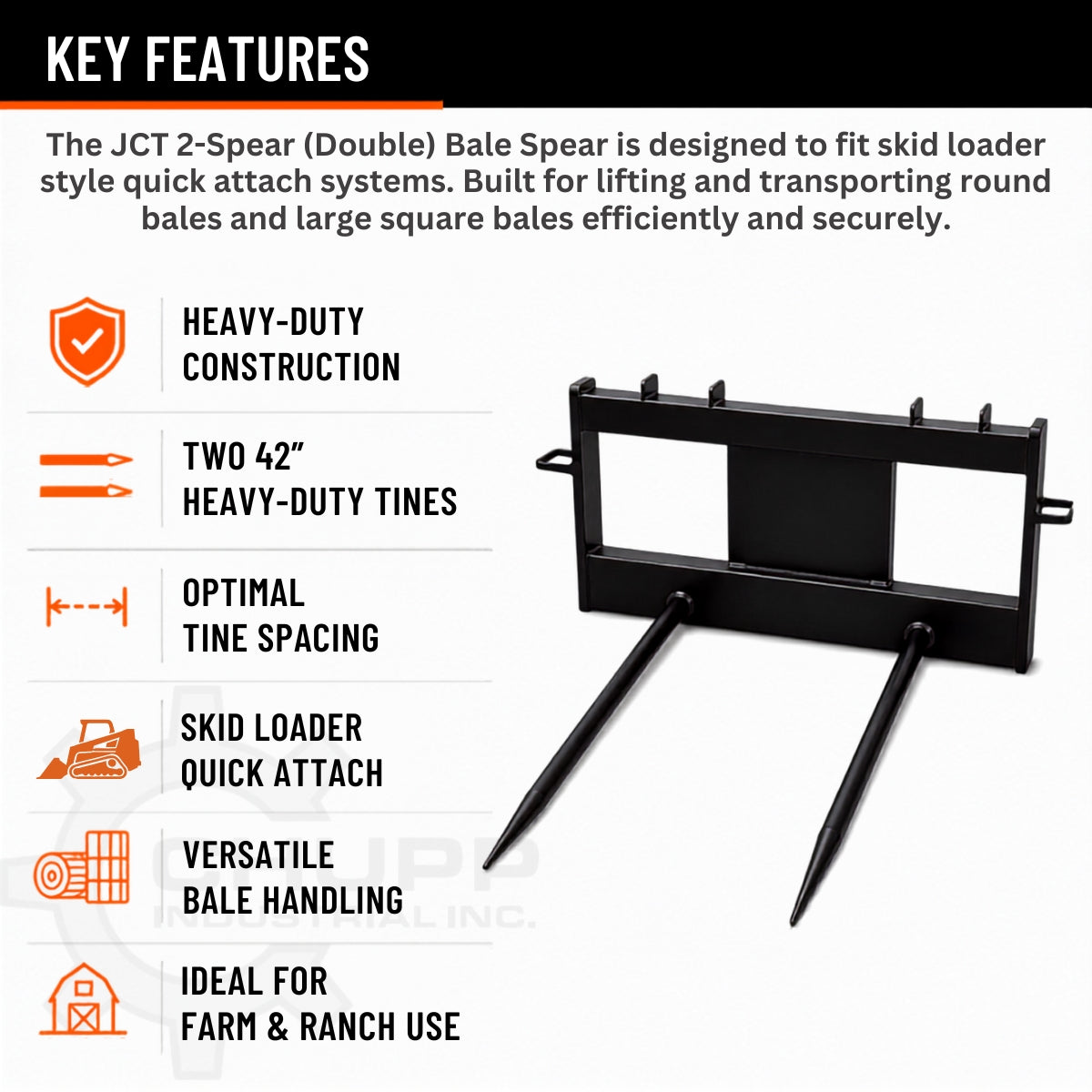 42" JCT Double Tine Hay Bale Spear